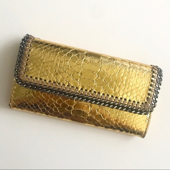 Very Rare! Stella McCartney Metallic Gold Python Falabella Wallet Vegan - Picture 4 of 13